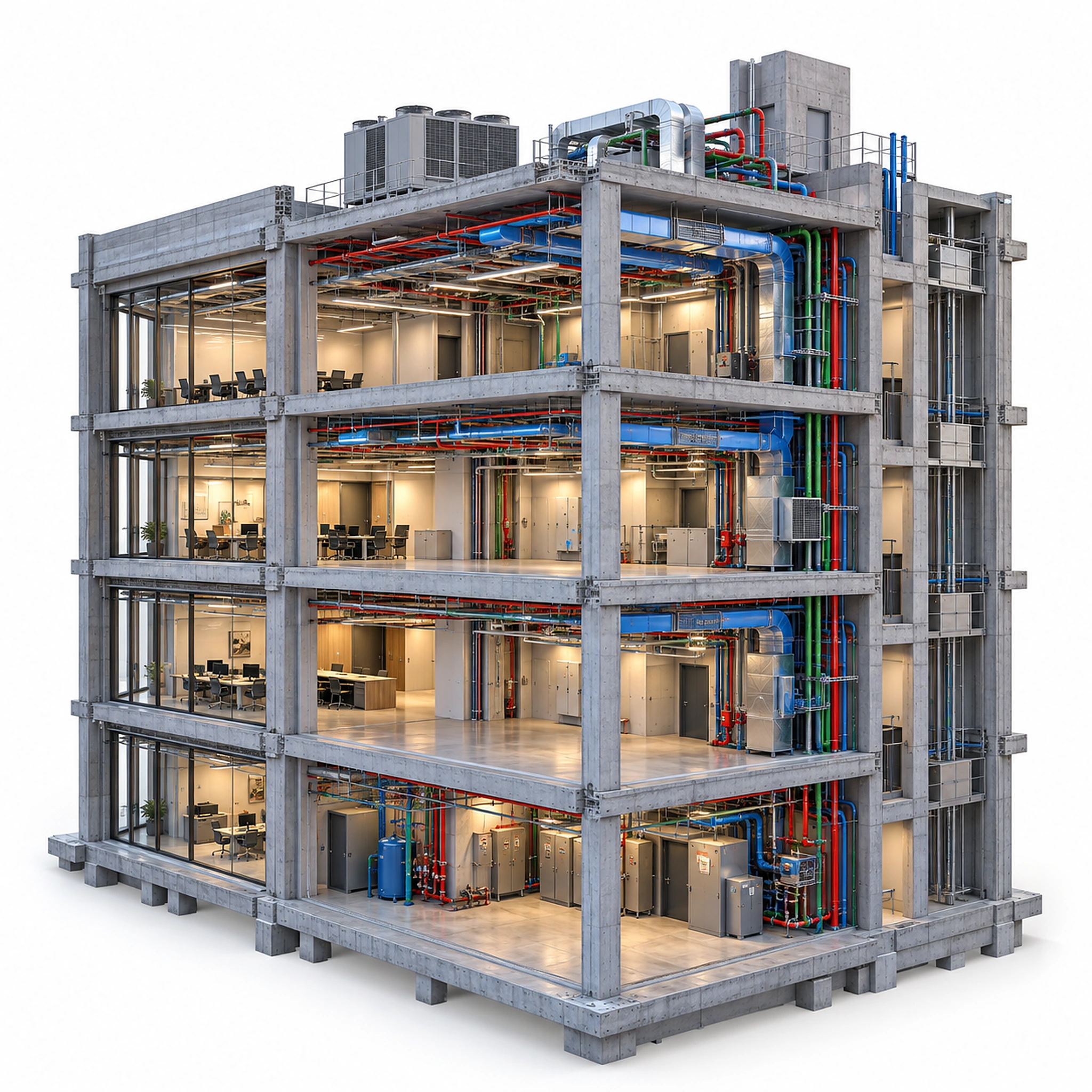 Изометрическая BIM-модель с конструкциями и инженерными сетями